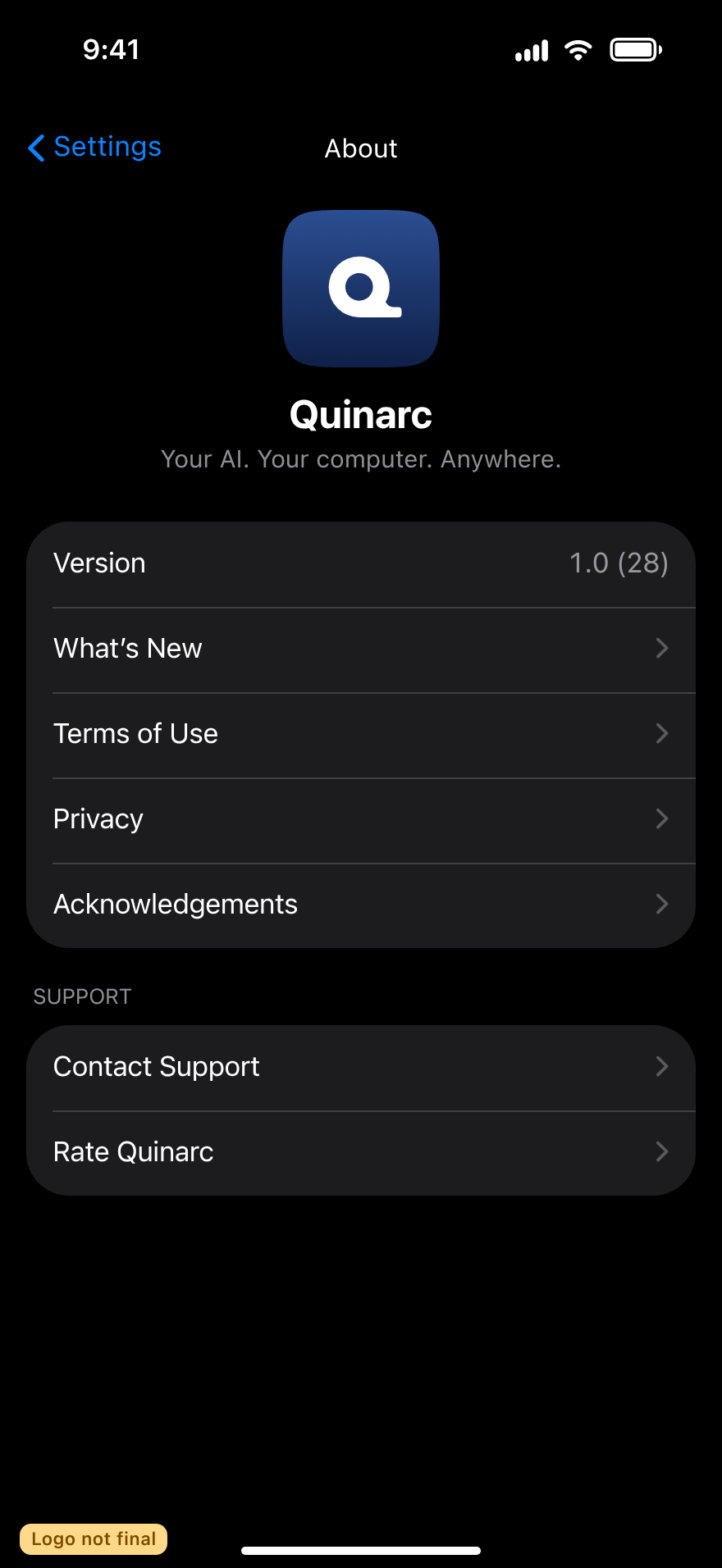 Settings, About, dark
