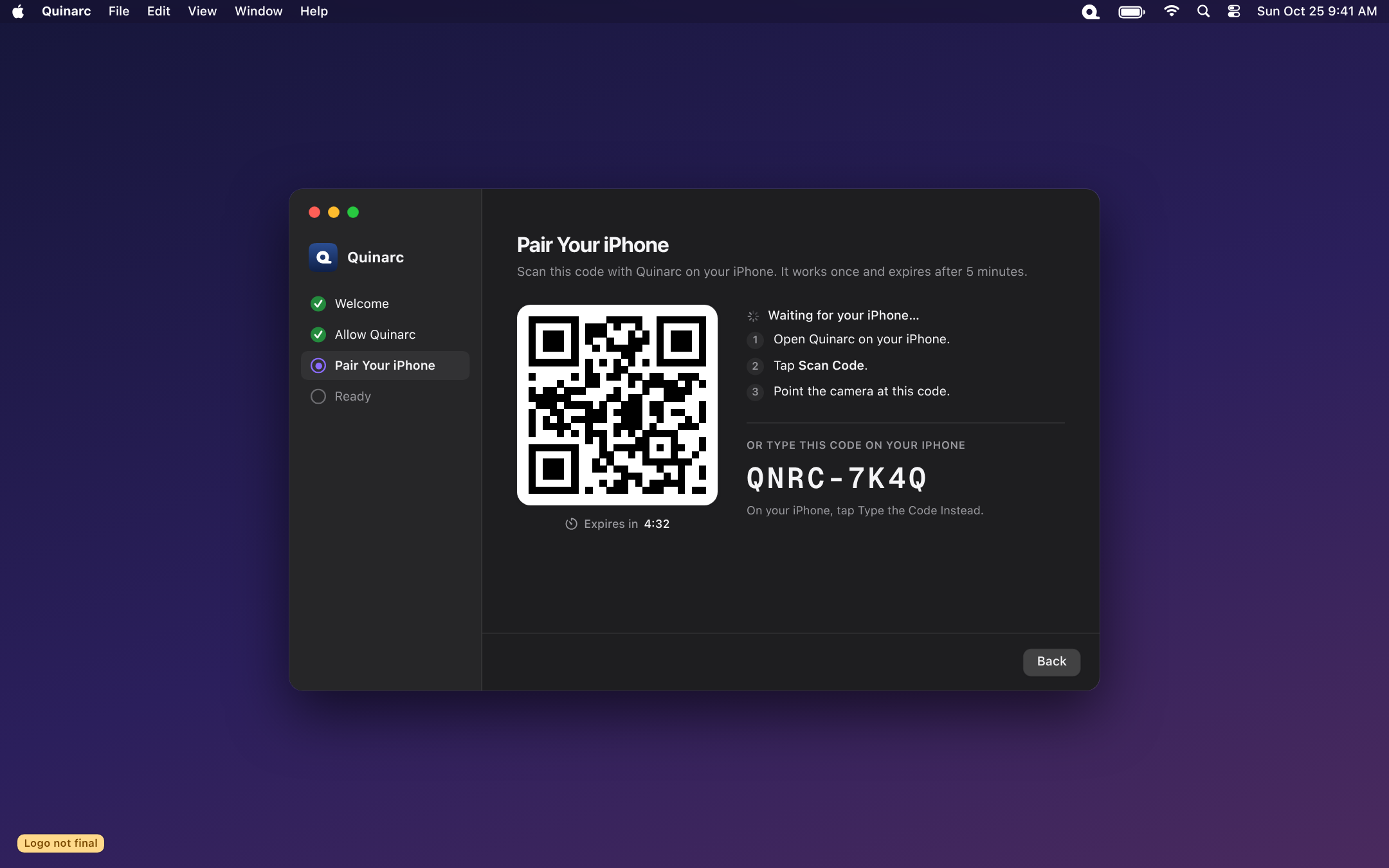 Pairing code window, dark