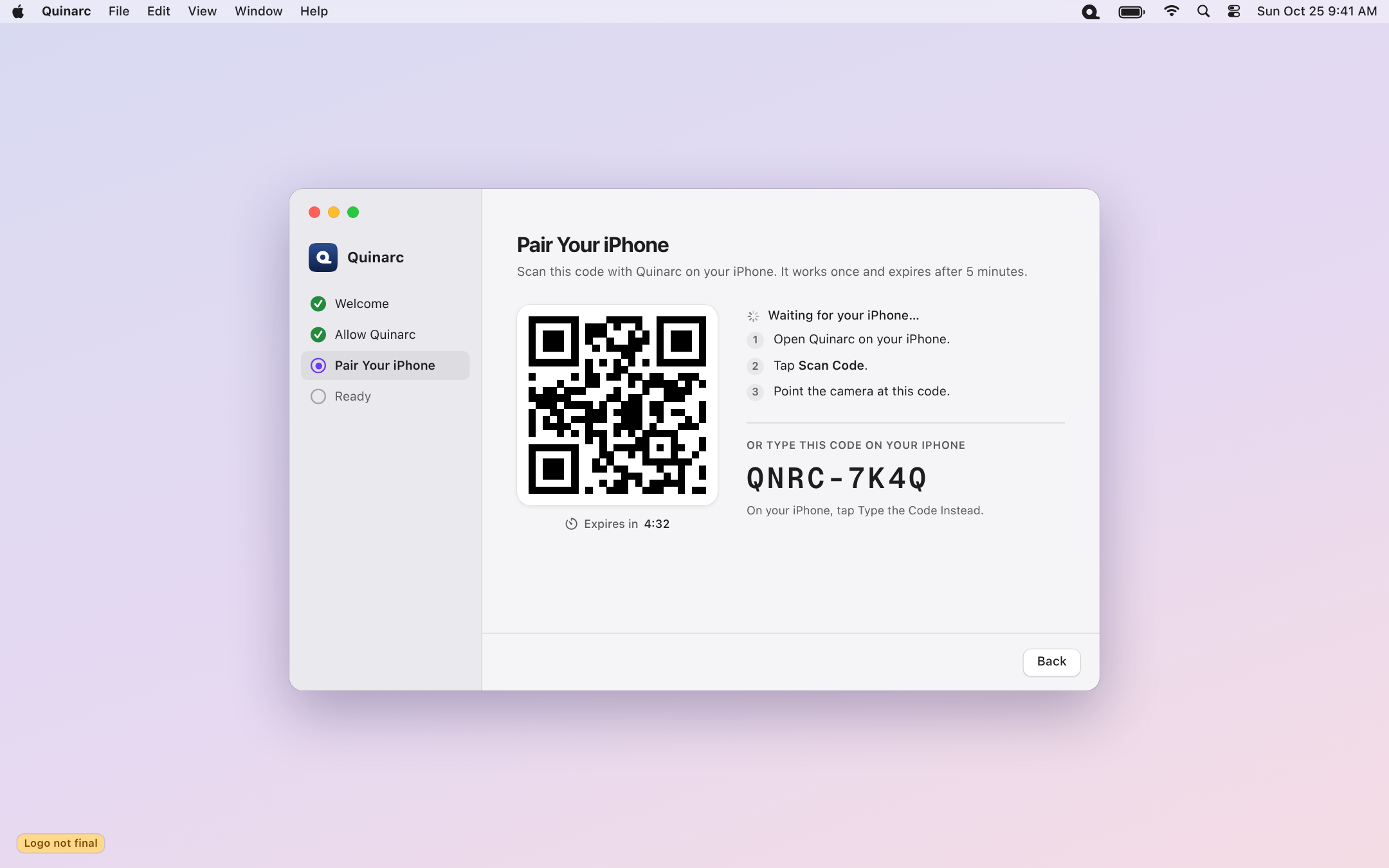 Pairing code window, light